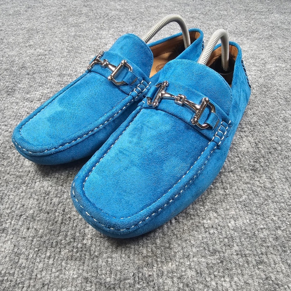 Amali Walken Pool Blue Suede Driving Loafers Men's 9 M Silver HorseBit Moc Toe